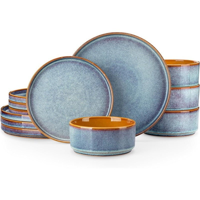 Ceramic Plate & Bowl Set 4 Unique Dual-Tone Dinnerware Dishwasher Safe New