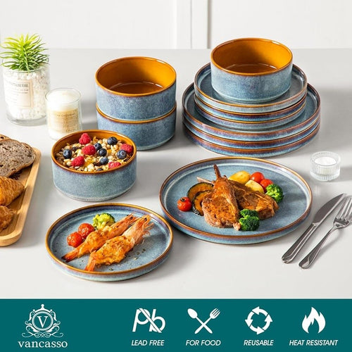 Ceramic Plate & Bowl Set 4 Unique Dual-Tone Dinnerware Dishwasher Safe New